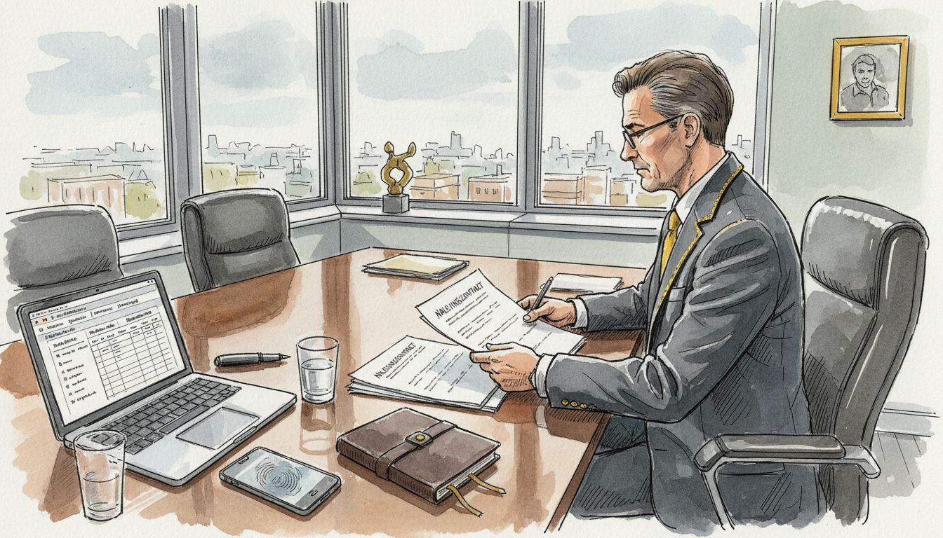 Een jurist buigt zich in zijn kantoor over belangrijke juridische stukken.