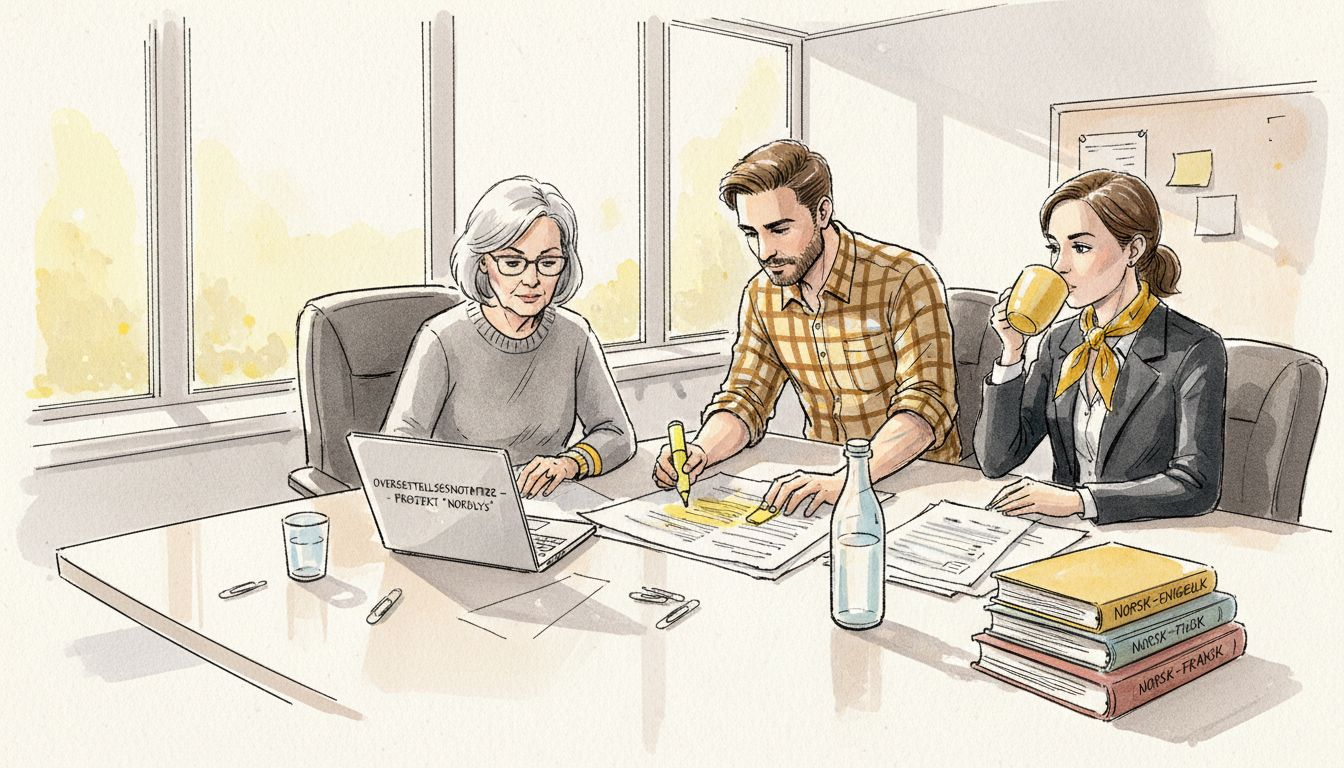 Oversetterteamet sitter samlet i et lyst hjørnekontor og jobber konsentrert.
