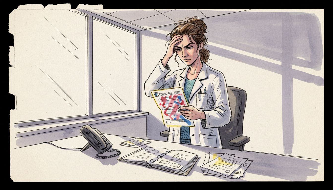 Scientist reviewing error-filled paperwork