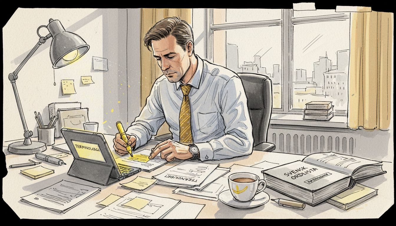 Språkexpert som jonglerar flera uppgifter samtidigt inom en regulatorisk miljö