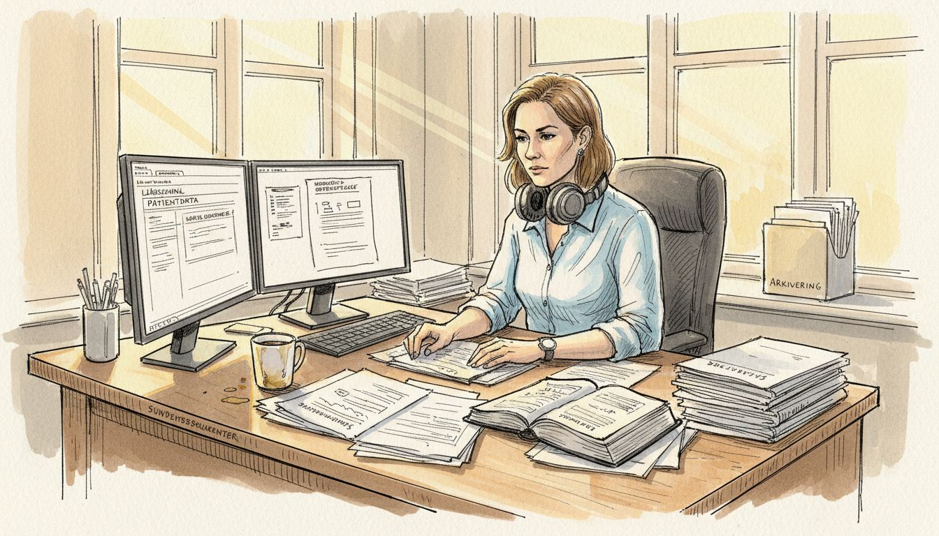 En oversætter sidder på kontoret og arbejder med medicinske dokumenter.