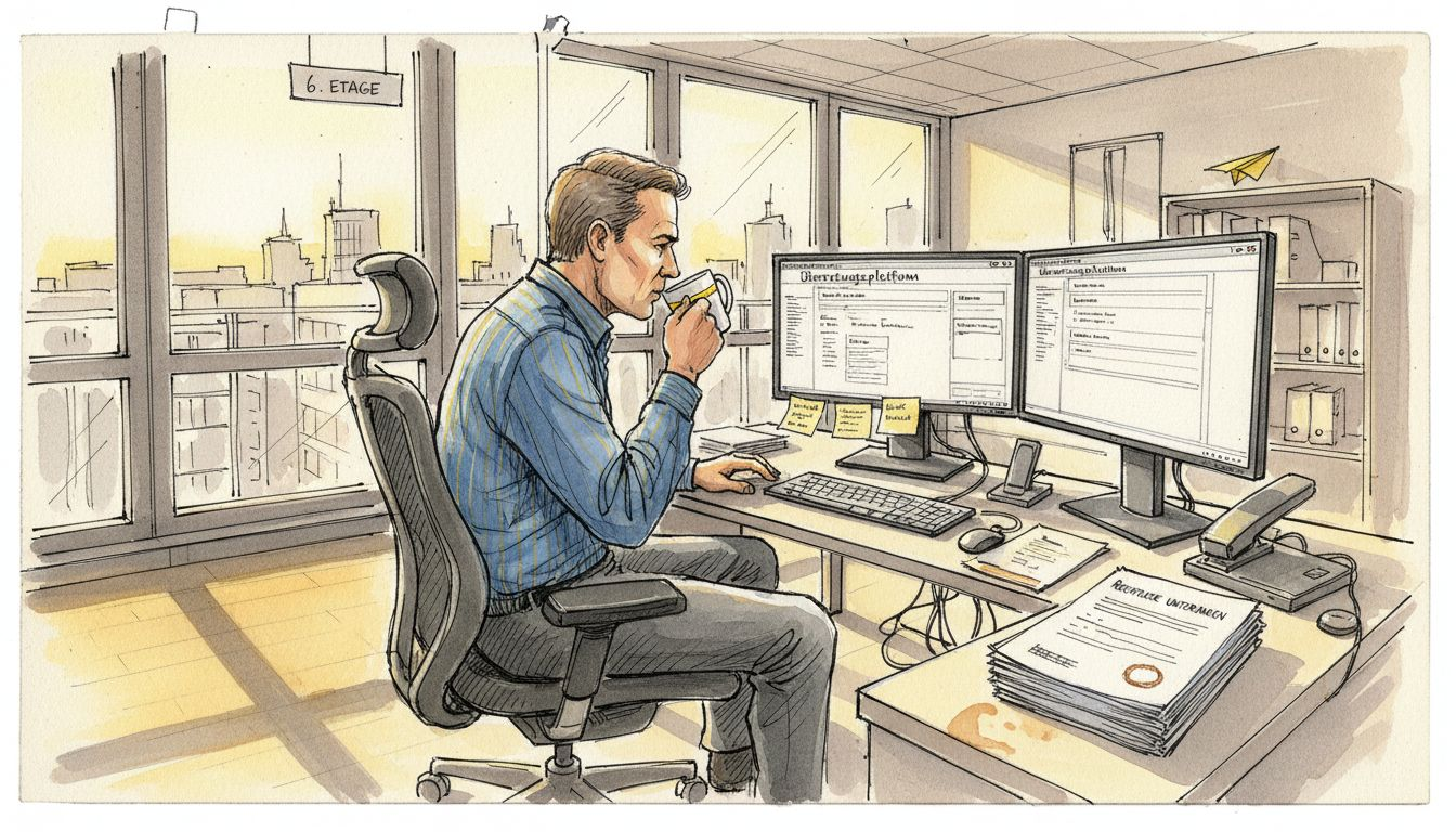 Ein Mann arbeitet im Büro an einer Übersetzungsplattform.