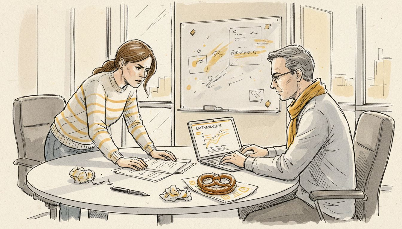 Eine Wissenschaftlerin und ein Analyst sitzen gemeinsam am Tisch und besprechen den Ablauf ihrer Arbeitsprozesse.