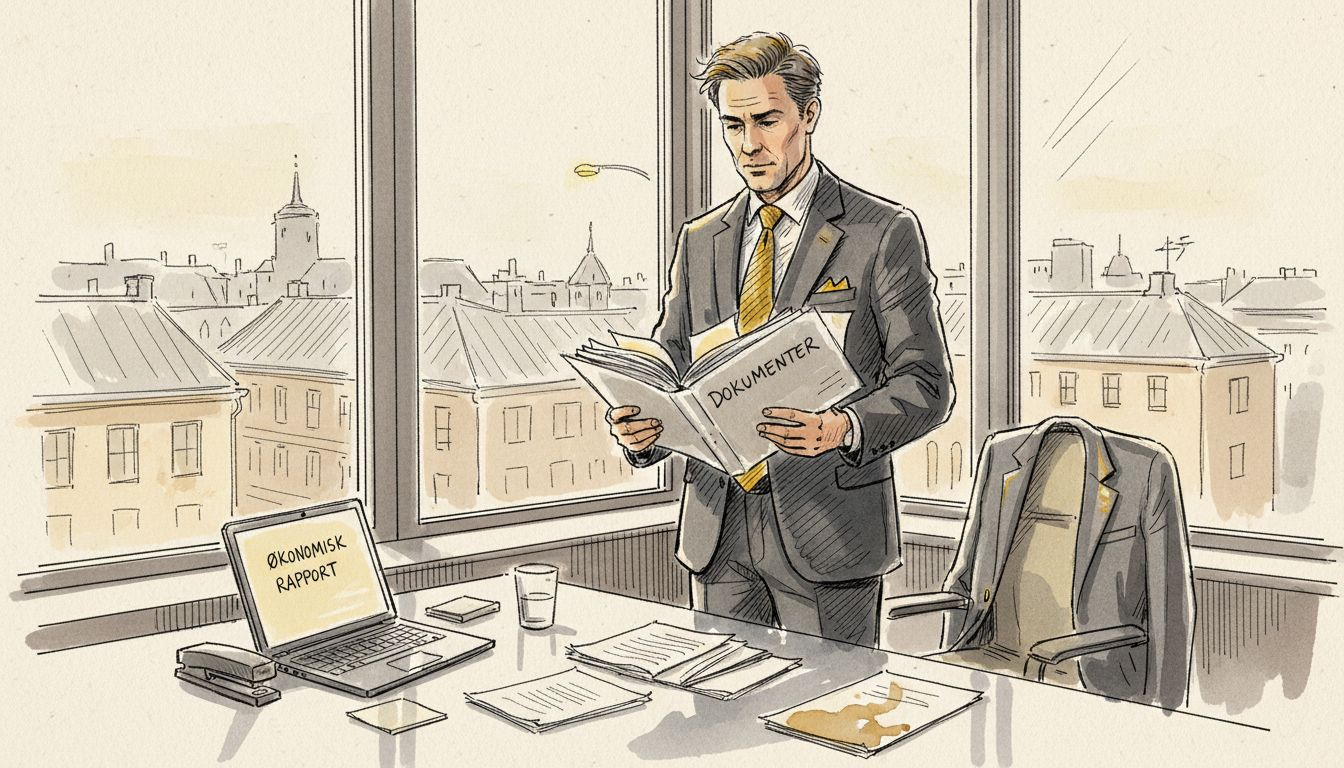 En direktør sidder i et lyst hjørnekontor og gennemgår vigtige papirer.