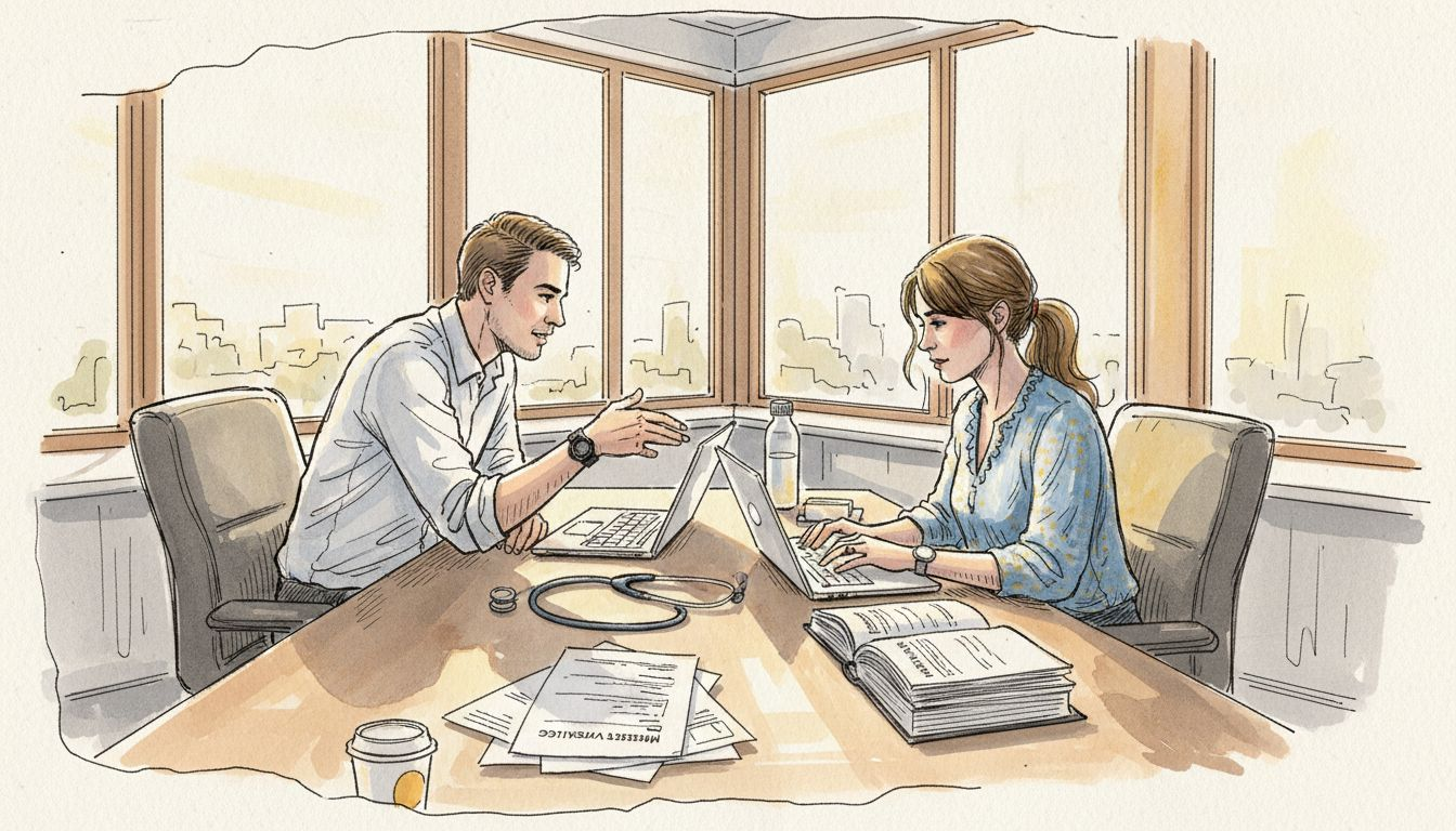 Medische vertalers aan het werk in een zonnig kantoor, omringd door stapels dossiers.