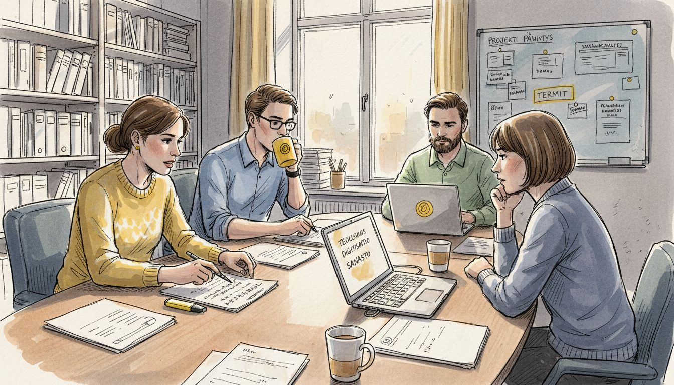 Tiimi käy läpi käännöksiin liittyvää sanastoa kokouksessa.