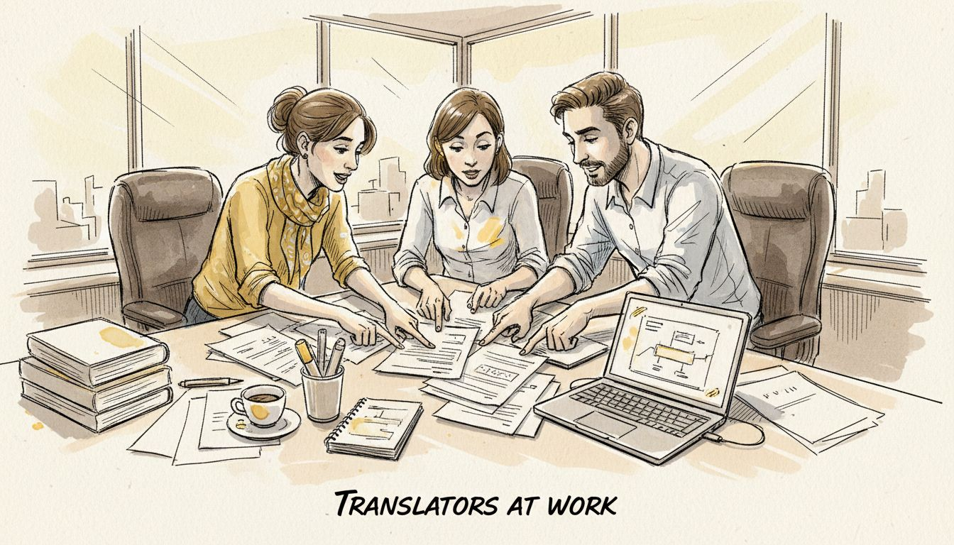 Translators collaborating in a sunlit corner office