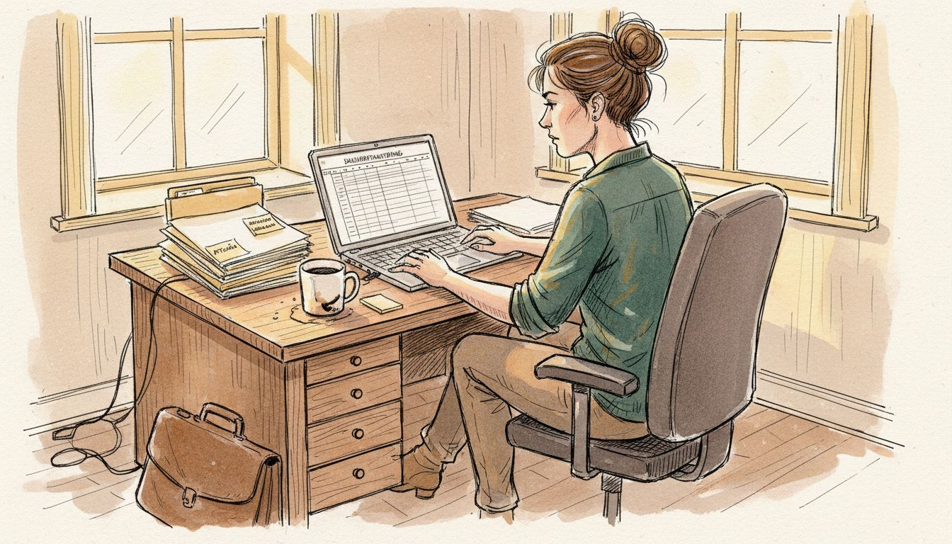 Kvinna granskar regelverk och dokumentation på sitt kontor