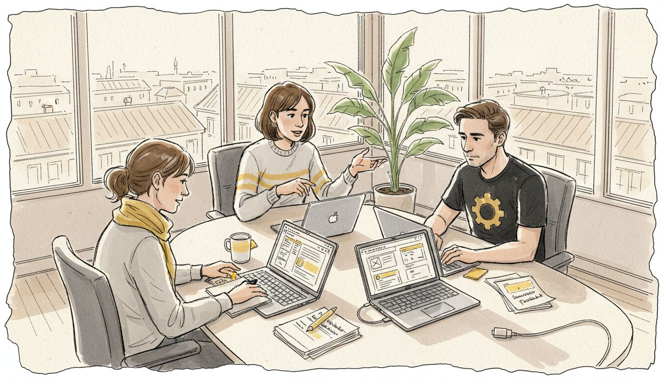 Ein motiviertes Team aus dem Bereich SaaS-Localization arbeitet gemeinsam in einem lichtdurchfluteten Eckbüro und bringt neue Ideen ein.