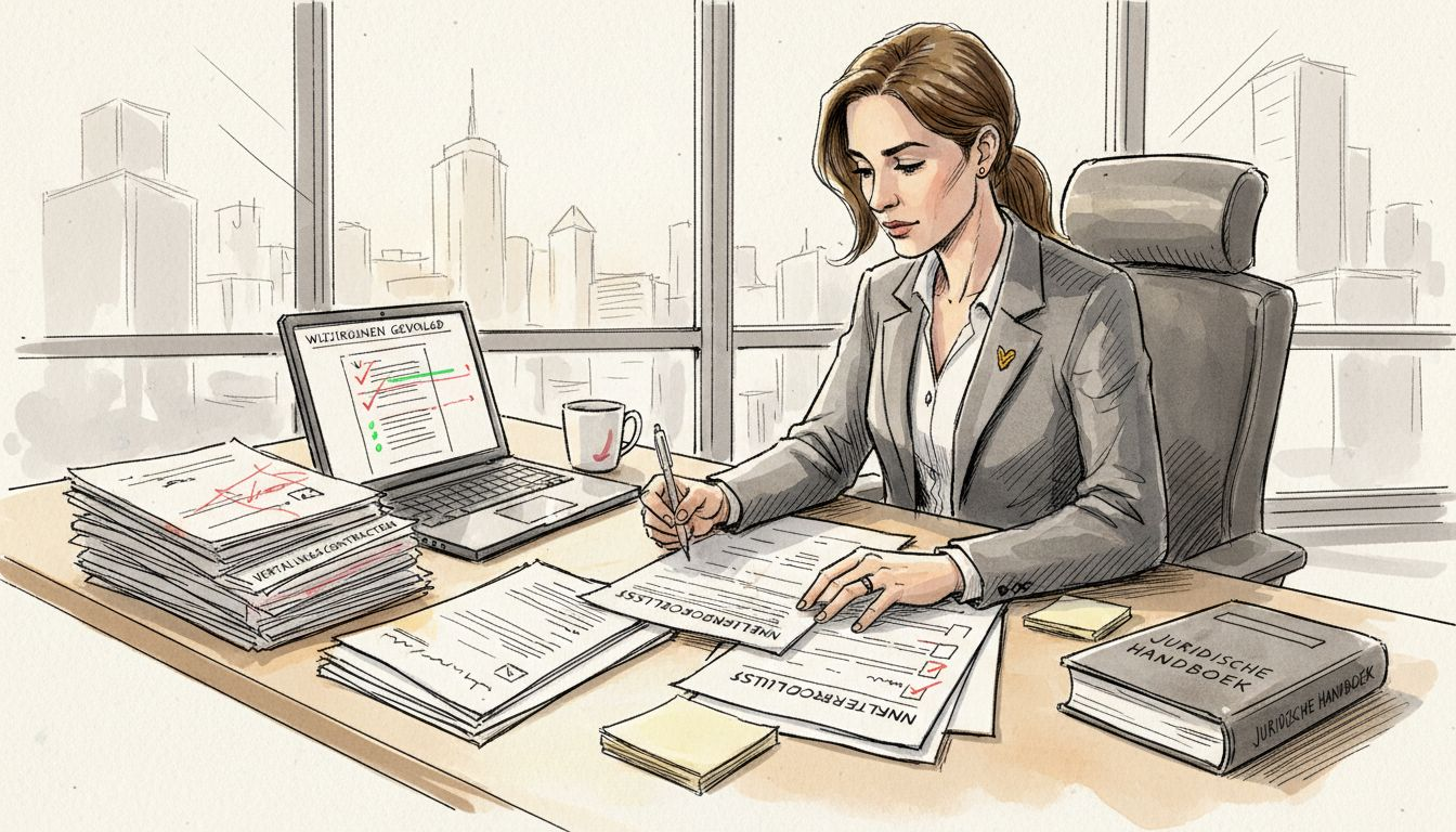 Een vrouw zit aan haar bureau en loopt zorgvuldig een checklist na om te controleren of alle vertalingen voldoen aan de richtlijnen.