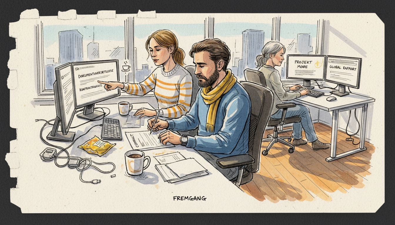 Oversætterteamet arbejder koncentreret i et travlt SaaS-kontor