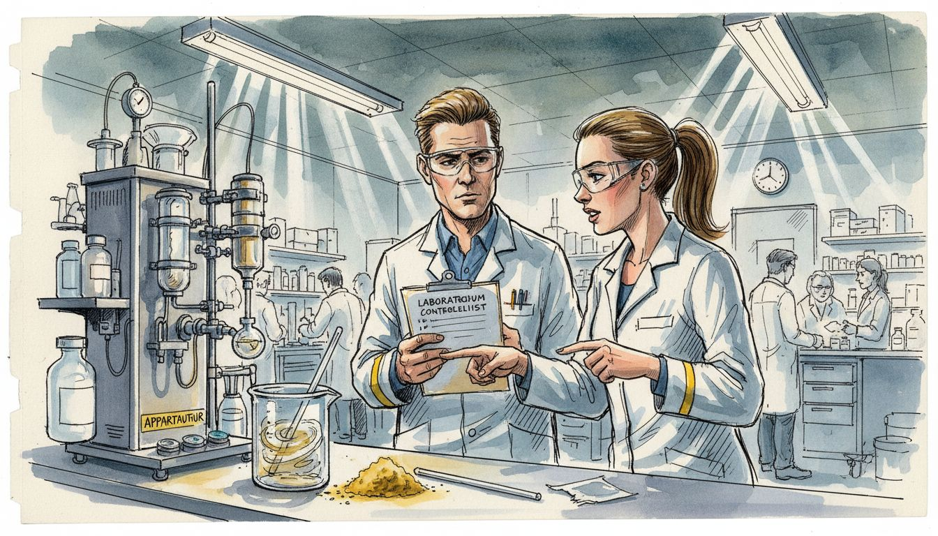 Het team van het farmaceutisch laboratorium loopt samen de checklist voor naleving door.