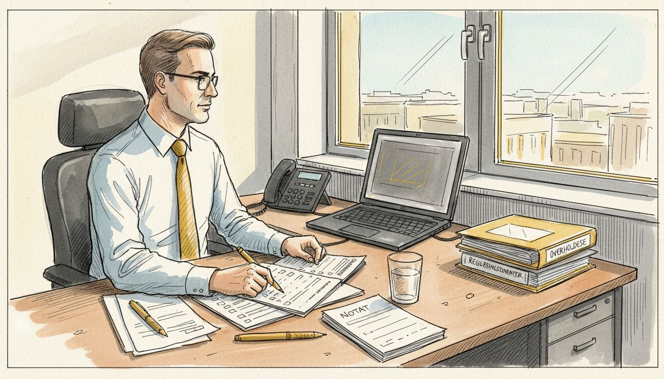 En compliance-medarbejder gennemgår tjeklisten for it-sikkerhed ved skrivebordet.