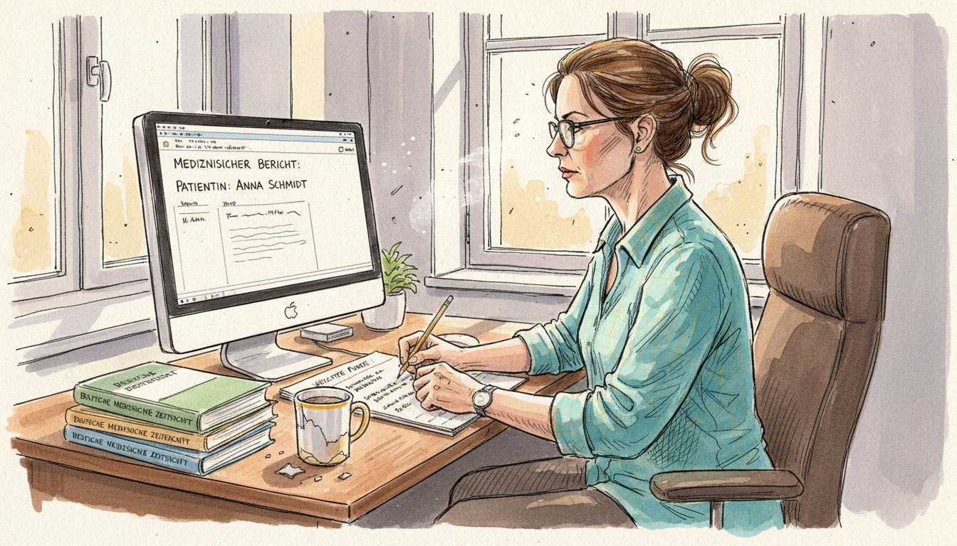 Eine Fachkraft prüft medizinische Unterlagen im Büro.