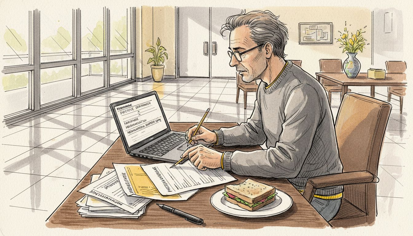 Ein Übersetzer sitzt in der Krankenhauslounge und arbeitet konzentriert an seinen Unterlagen.