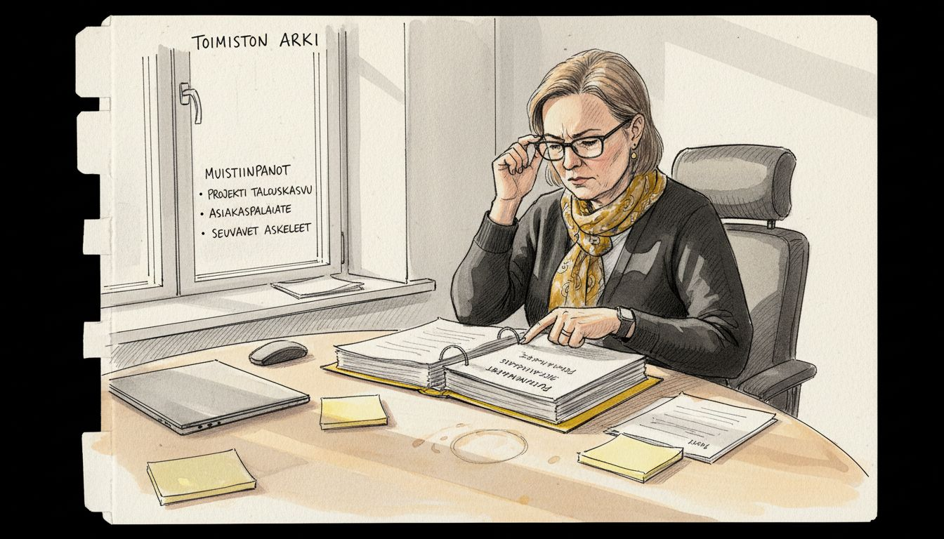 Nainen selaa käännöspalvelun tietosuojakäytäntöä kansiosta.