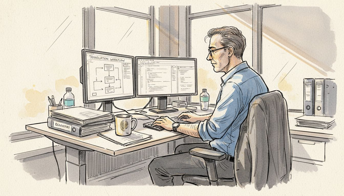 IT manager at standing desk overseeing translation workflow