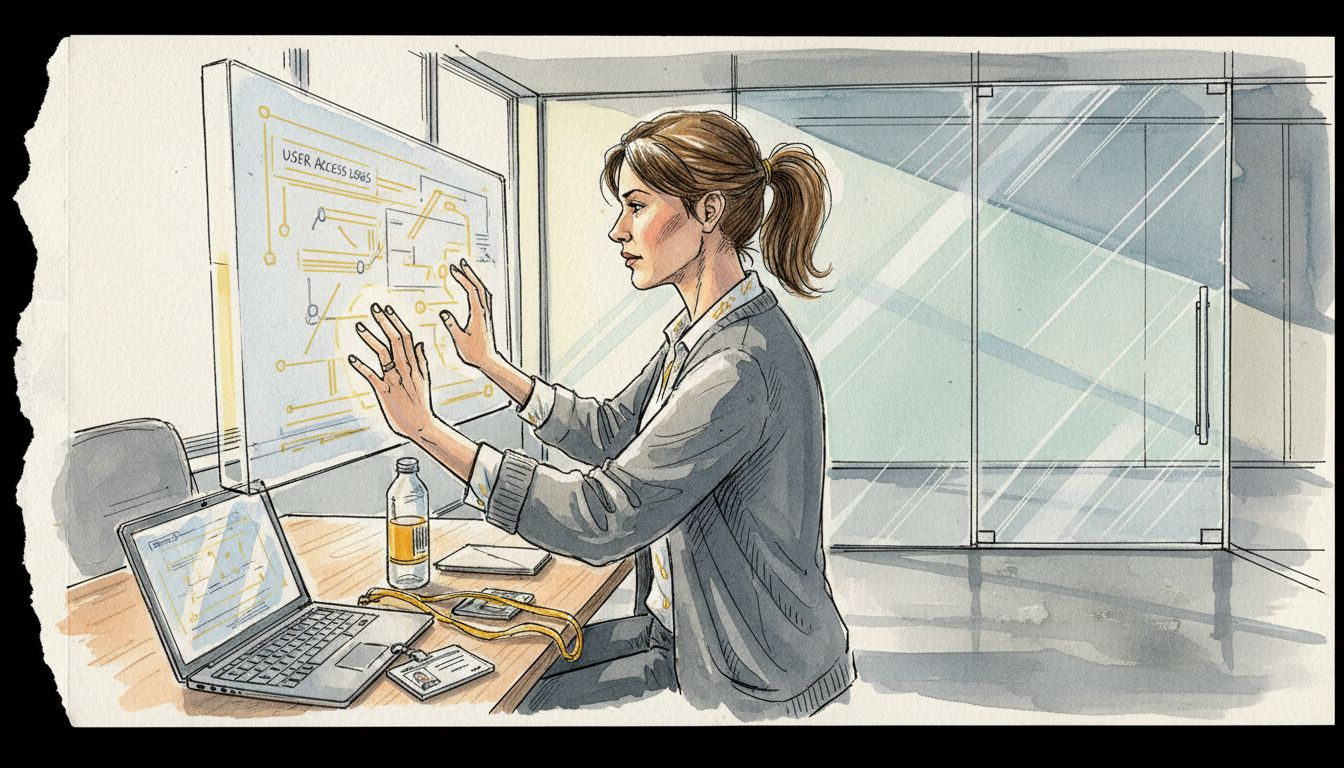 Cybersecurity specialist checking access logs in conference room