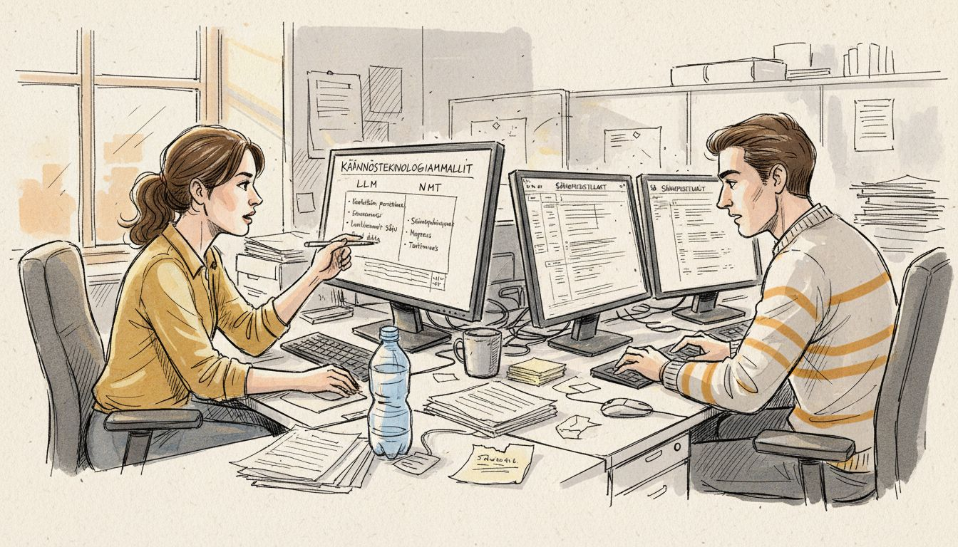 Työkaverit vertailevat eri käännösmallien toimivuutta keskenään.