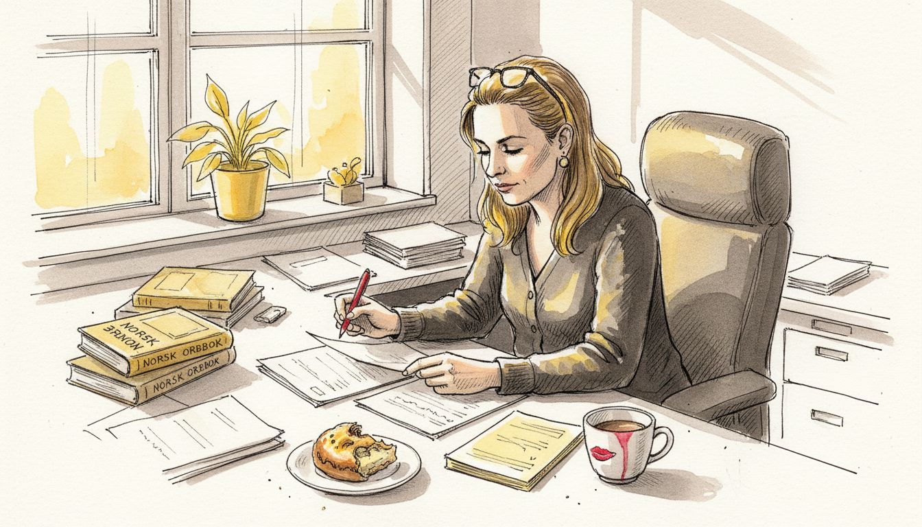 En oversetter som går nøye gjennom faguttrykk ved skrivebordet på kontoret.