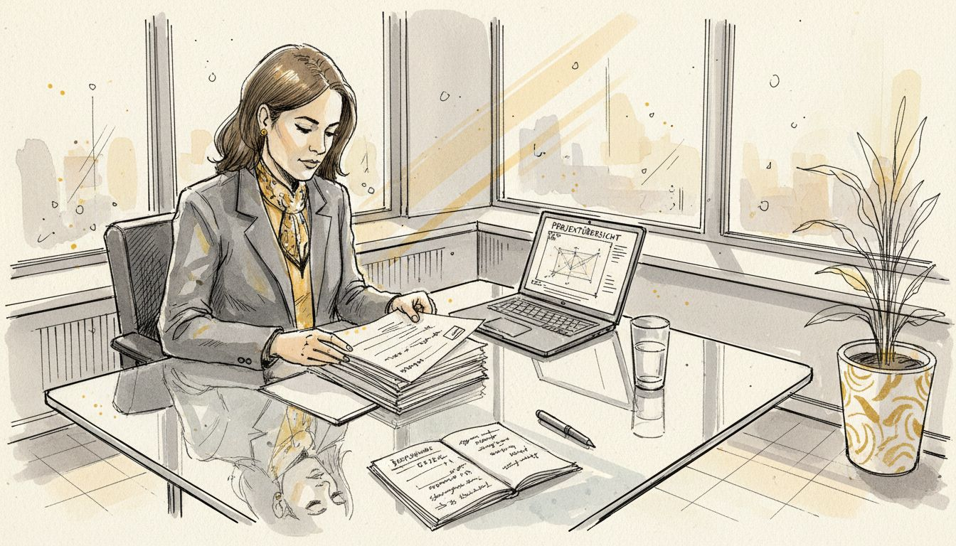 Eine erfahrene Fachfrau prüft aufmerksam einen Stapel übersetzter Unterlagen.