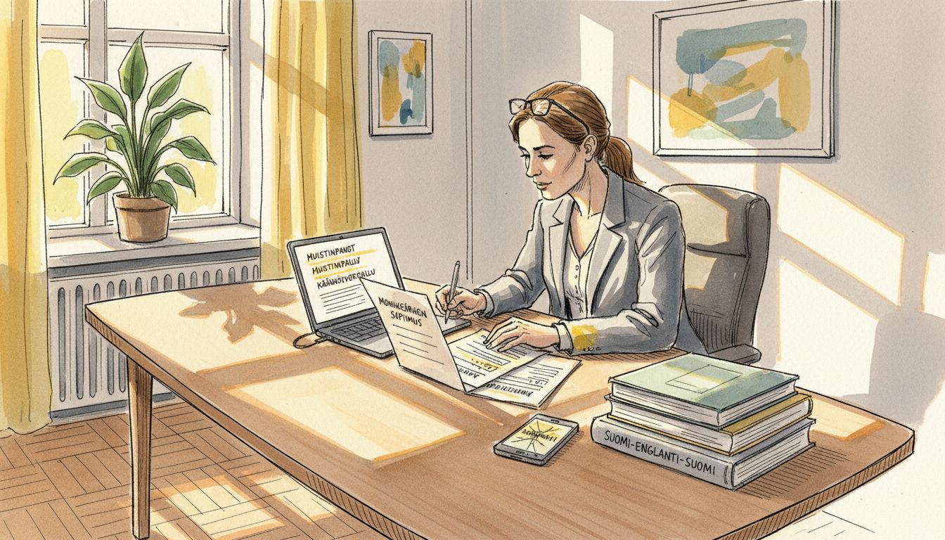 Toimistossa liikemaailman nainen vertailee käännösasiakirjoja keskittyneesti.