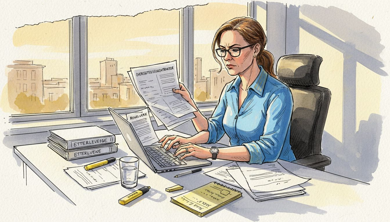 Lederen sitter på kontoret sitt og går gjennom avtaler om oversettelsestjenester.
