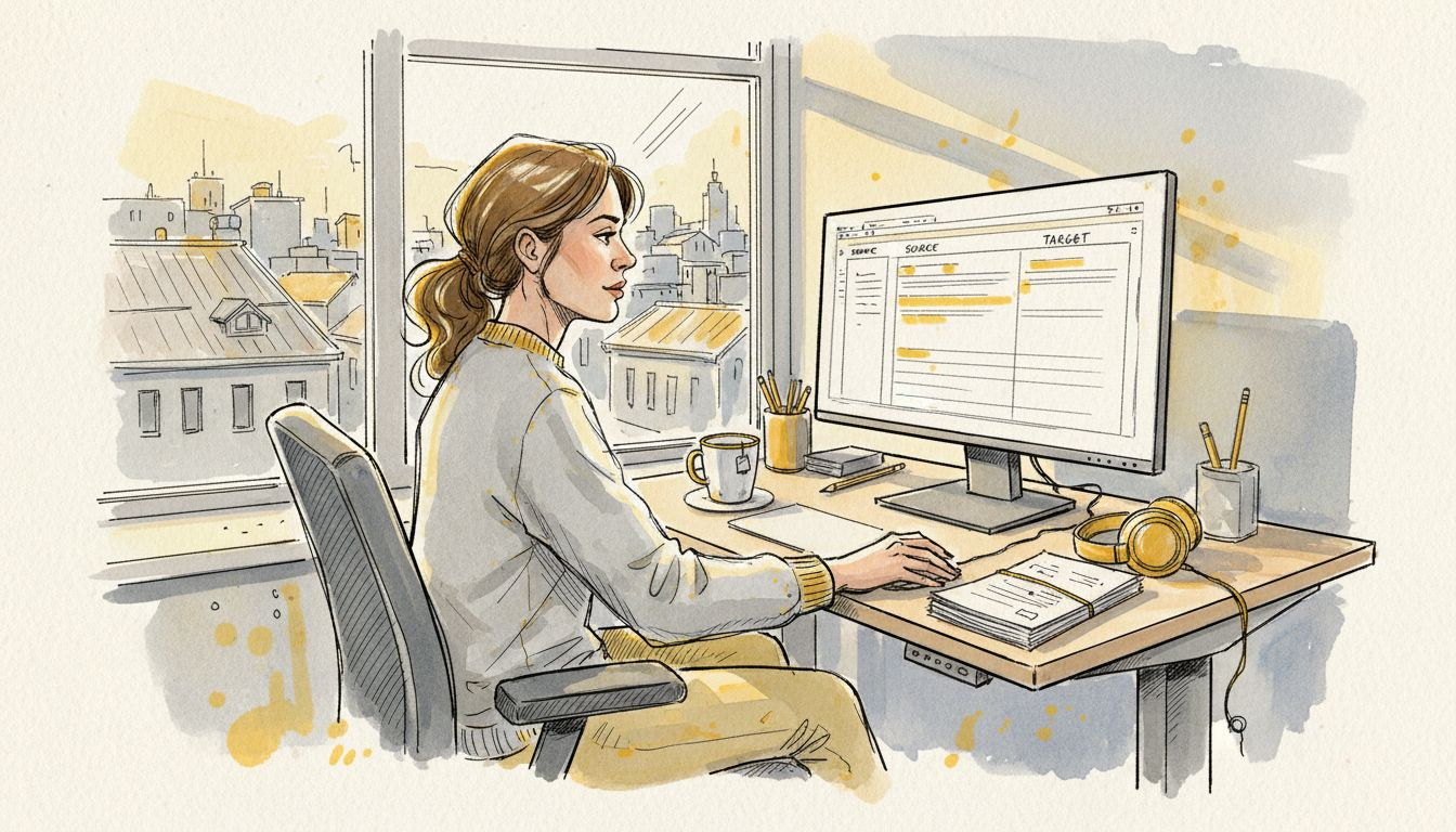 Analyst working with translation files by window