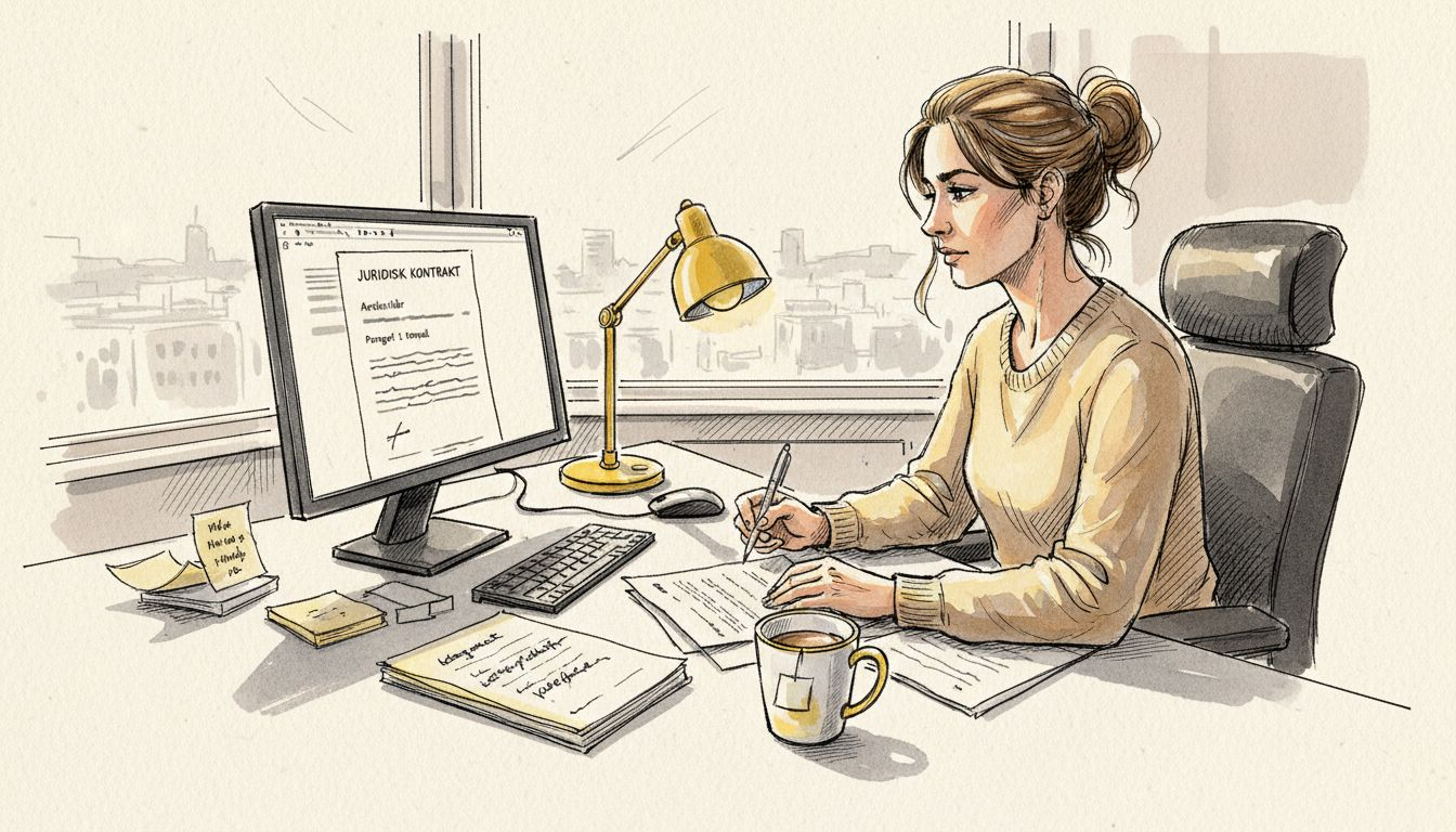 En kvinnelig oversetter går grundig gjennom dokumenter på kontoret.