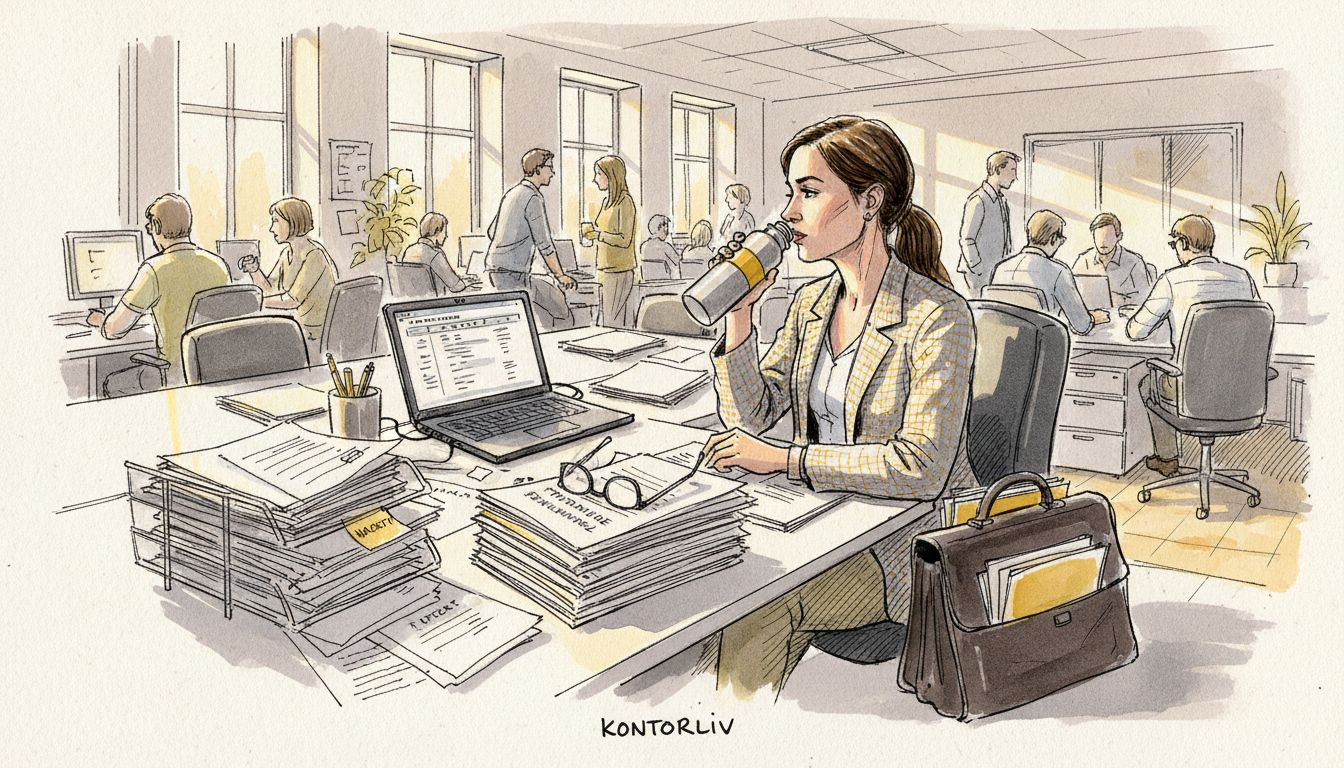 En kvinde gennemgår fortrolige oversættelsesdokumenter midt i et travlt, åbent kontormiljø.