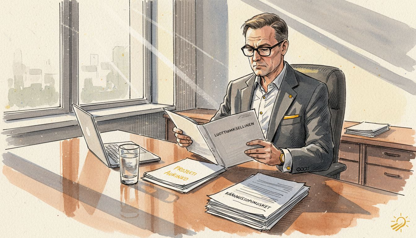 Johtaja käy toimistossaan läpi käännösasiakirjoja.