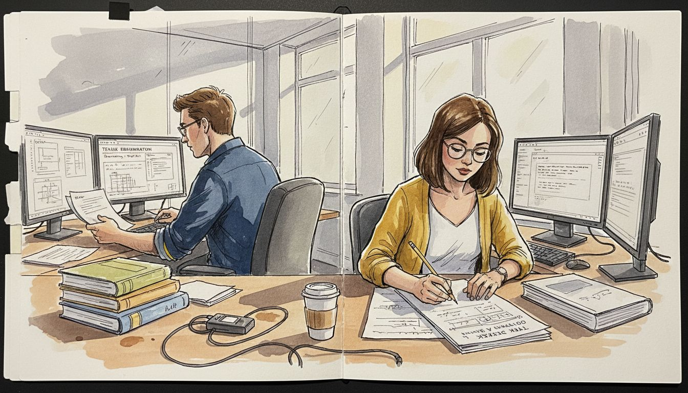 Translators review technical docs at shared desk