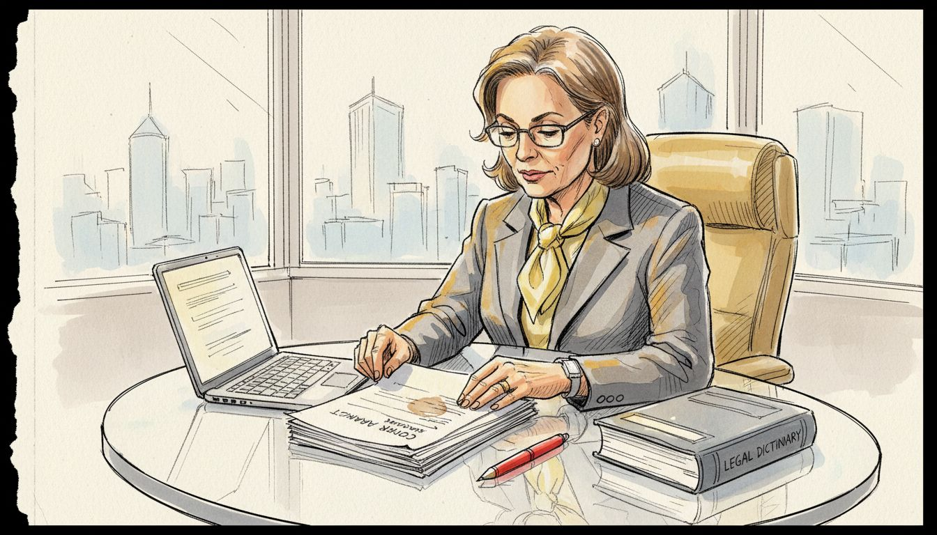 Senior legal translator reviewing documents in city office