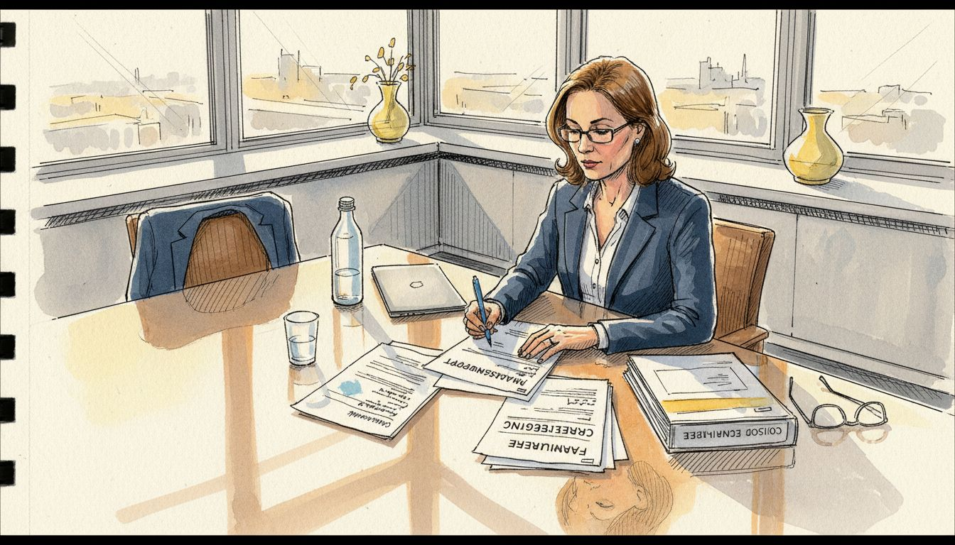 Een compliance officer bekijkt en beoordeelt farmaceutische documenten op kantoor.