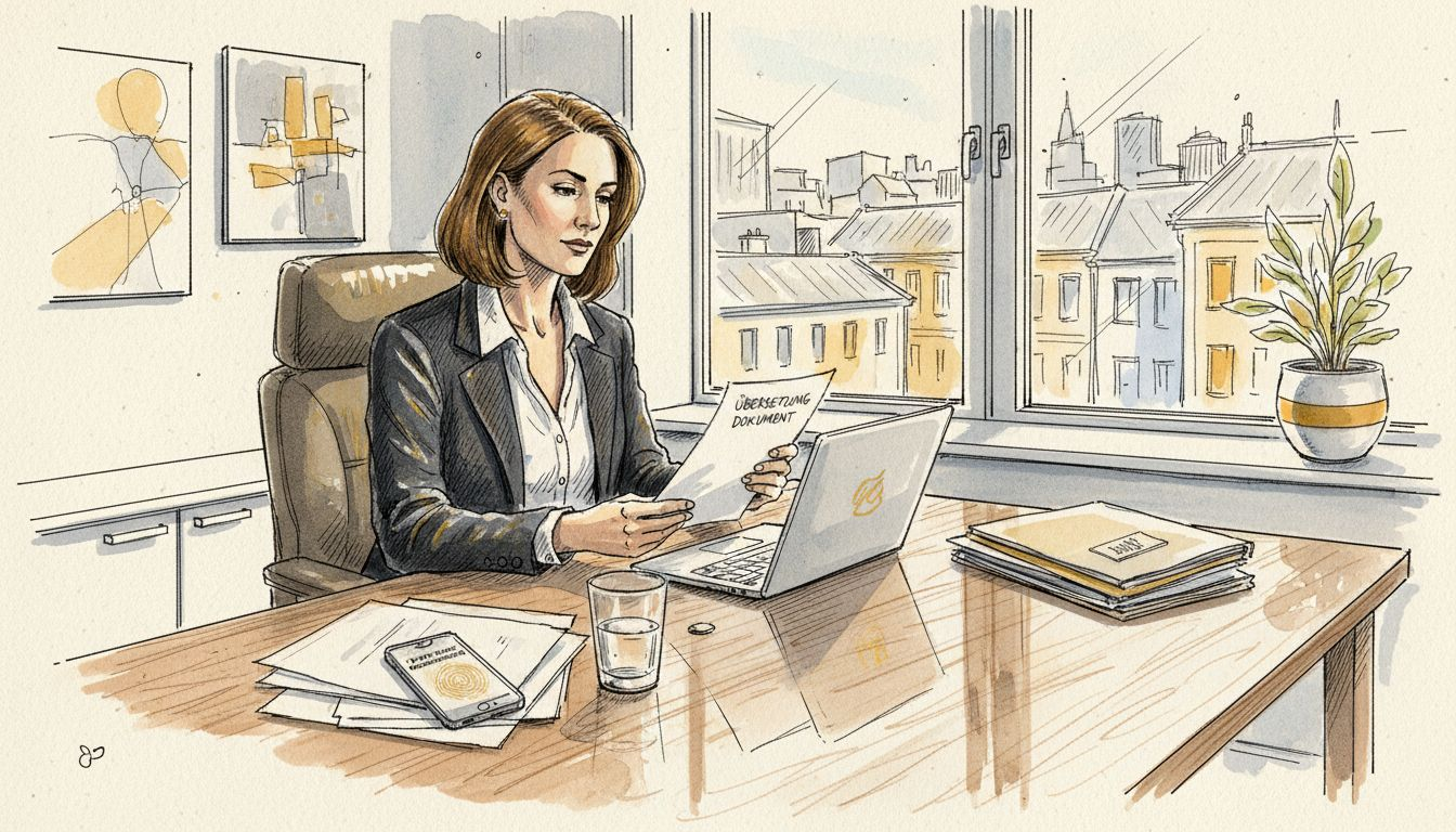 Eine Frau sitzt am Schreibtisch und überprüft sorgfältig ein Übersetzungsdokument.