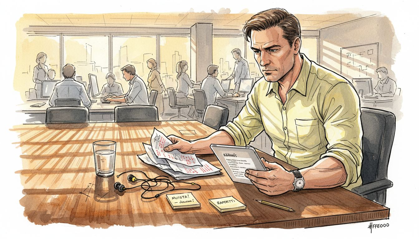 Toimittaja tarkistaa käännöksiä paperilta ja tabletin näytöltä rinnakkain.