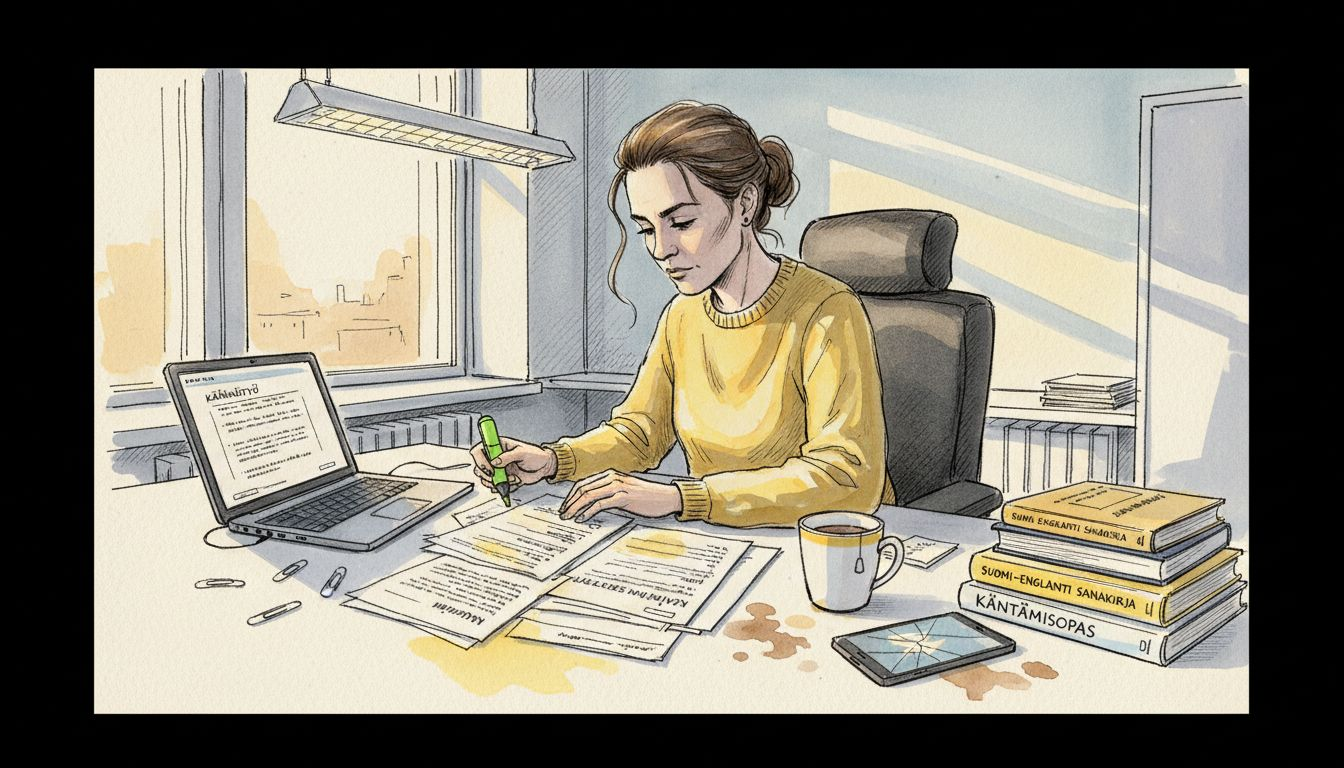 Kääntäjä perehtyy asiakirjoihin paperipinojen keskellä täyteen ahdetulla työpöydällä.