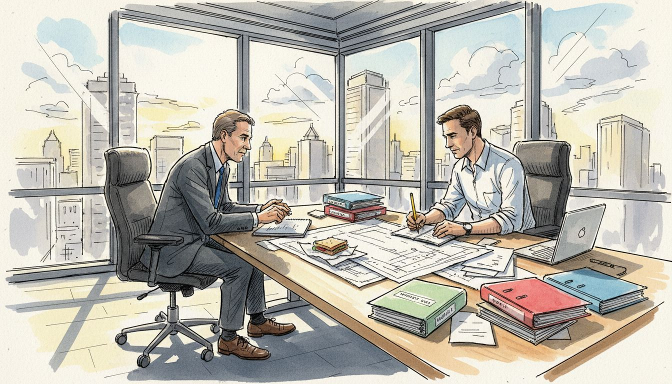 Manager and translator reviewing defense documents