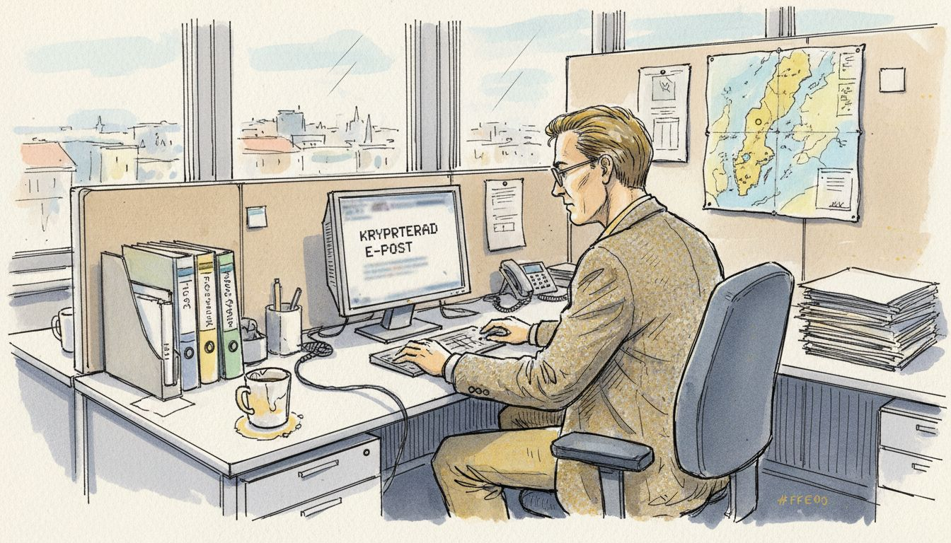 En tjänsteman inom offentlig sektor sitter vid sitt skrivbord och går igenom papper.