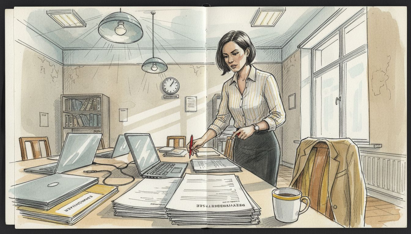 En compliance-ansvarig granskar utskrivna revisionsrapporter.