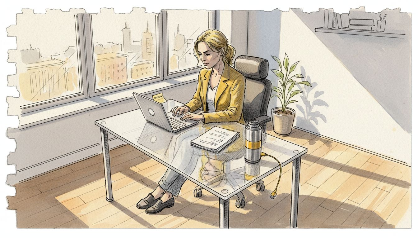 Eine Frau sitzt im Büro und arbeitet konzentriert am Laptop, während sie verschiedene Unterlagen durchgeht.