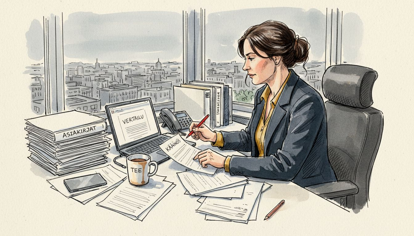 Asiantuntija perehtyy käännösdokumentteihin ja vertailee niiden sisältöjä toimiston työpöydän ääressä.