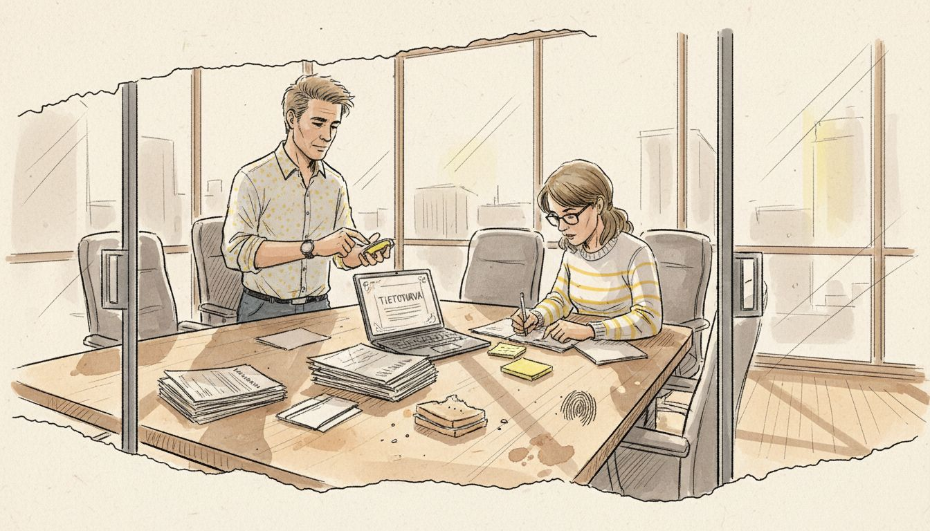 Asiantuntijat käyvät turvallisuusdokumentteja läpi neuvotteluhuoneessa.