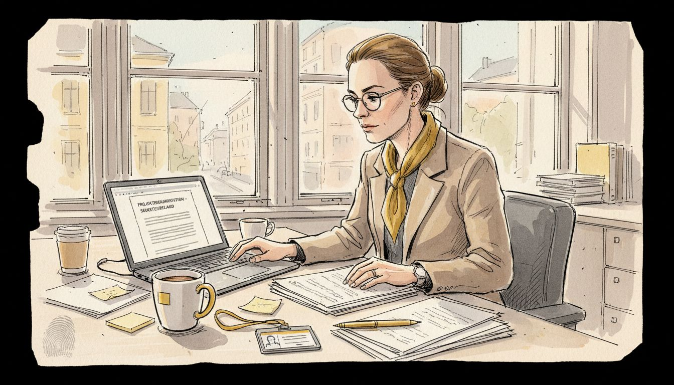 Projektledare granskar konfidentiella dokument på kontoret