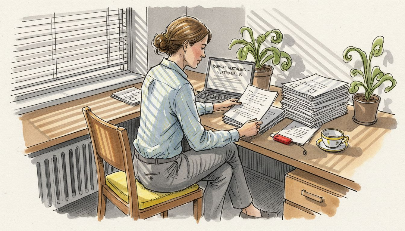 Een vertaler kijkt documenten na in een zonnig kantoor.