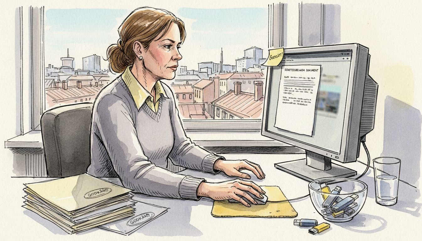 En översättare granskar sekretessbelagda dokument på sitt kontor.