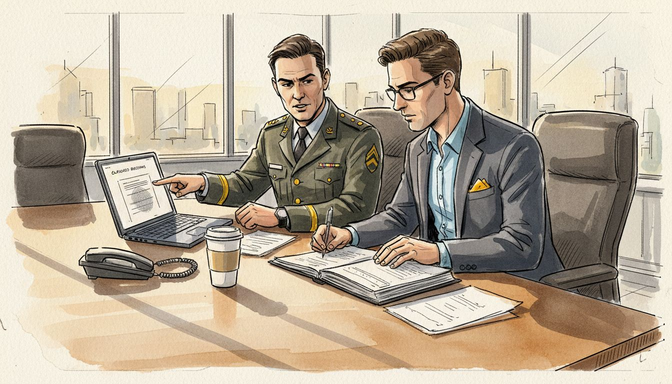 Military officer and translator collaborating in office