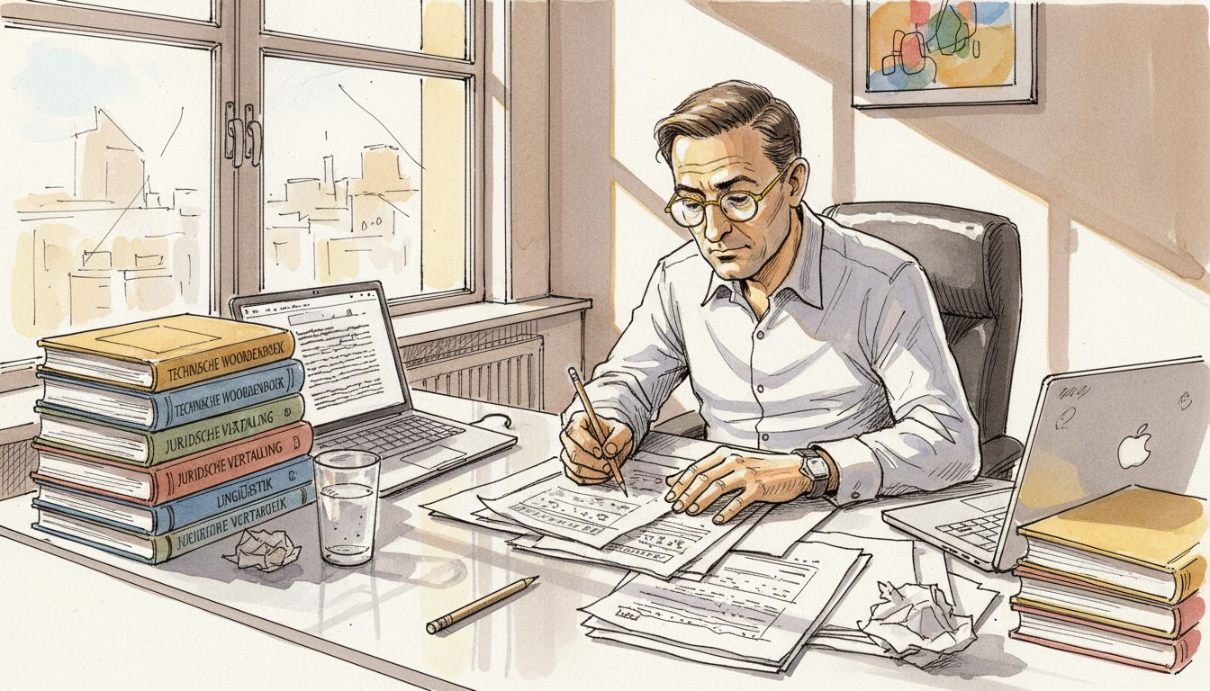 Een ervaren vertaler legt twee documenten naast elkaar en vergelijkt ze aandachtig in een lichte, overzichtelijke kantoorruimte.