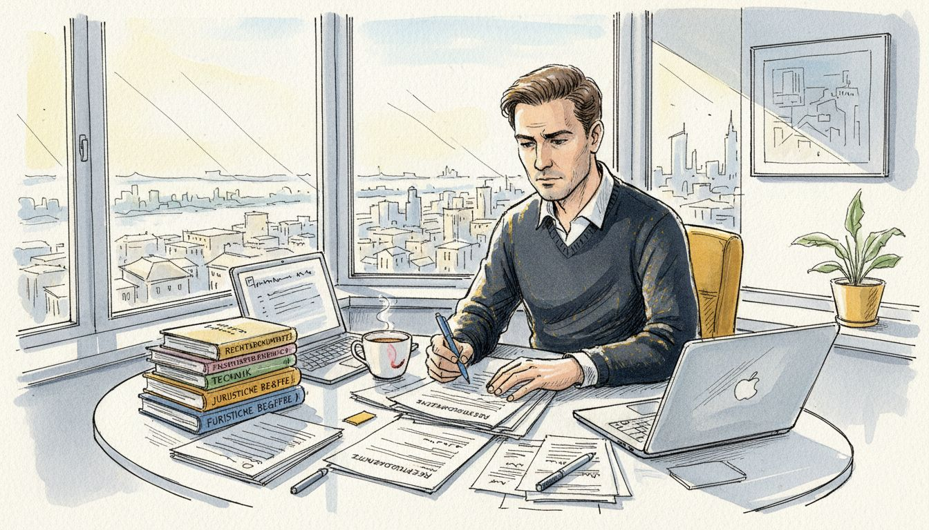 Ein Übersetzer sitzt im Eckbüro und prüft sorgfältig Unterlagen.