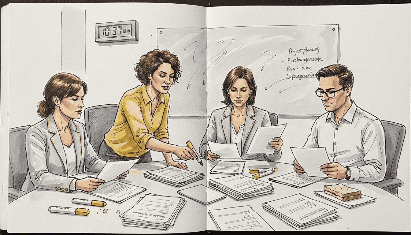 Das Team überprüft gemeinsam im Besprechungsraum die medizinischen Übersetzungen.